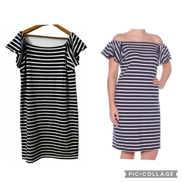 Size Large RALPH LAUREN NAVY BLUE STRIPED OFF-SHOULDER DRESS Summer Coastal - Picture 1 of 9